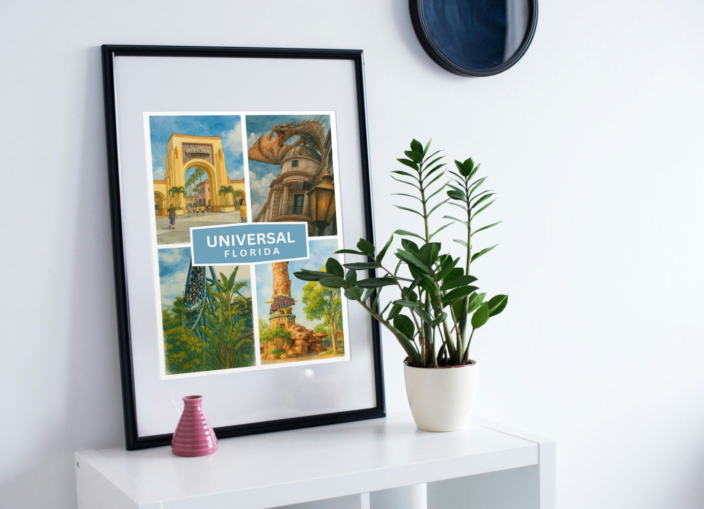 Universal Florida Watercolour Collage Print – Theme Park Inspired Wall Art for Travel Lovers