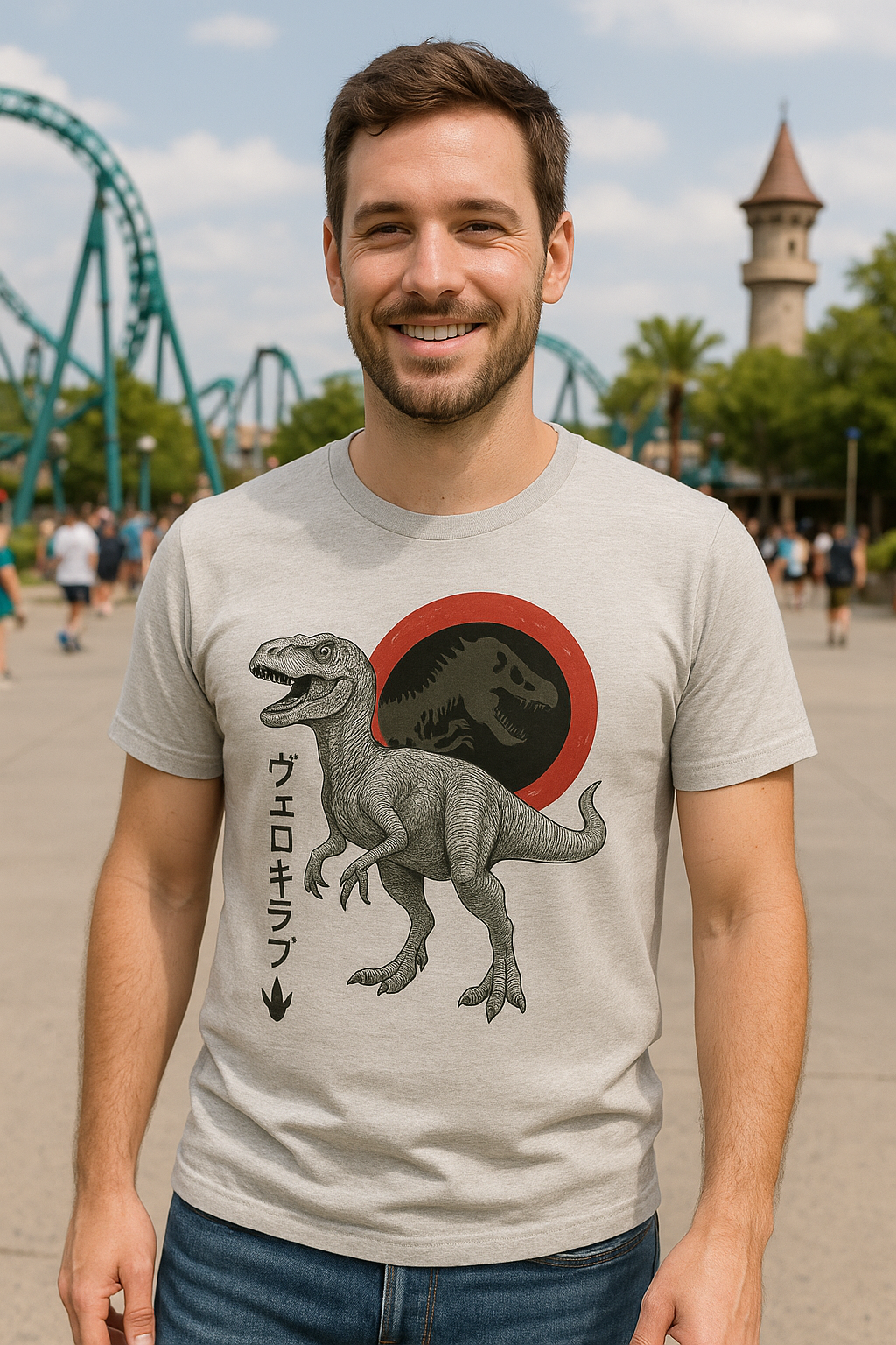 Velociraptor Japanese Style Logo T-Shirt | Universal-Inspired Dinosaur Fan Tee