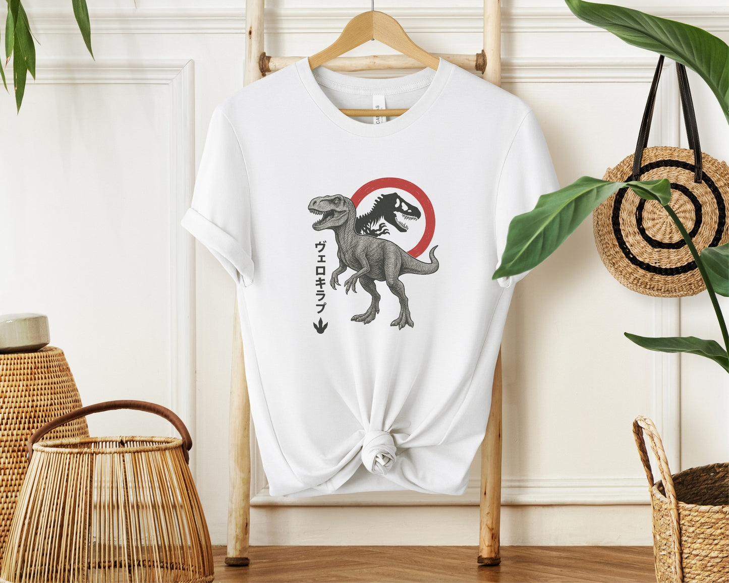 Velociraptor Japanese Style Logo T-Shirt | Universal-Inspired Dinosaur Fan Tee