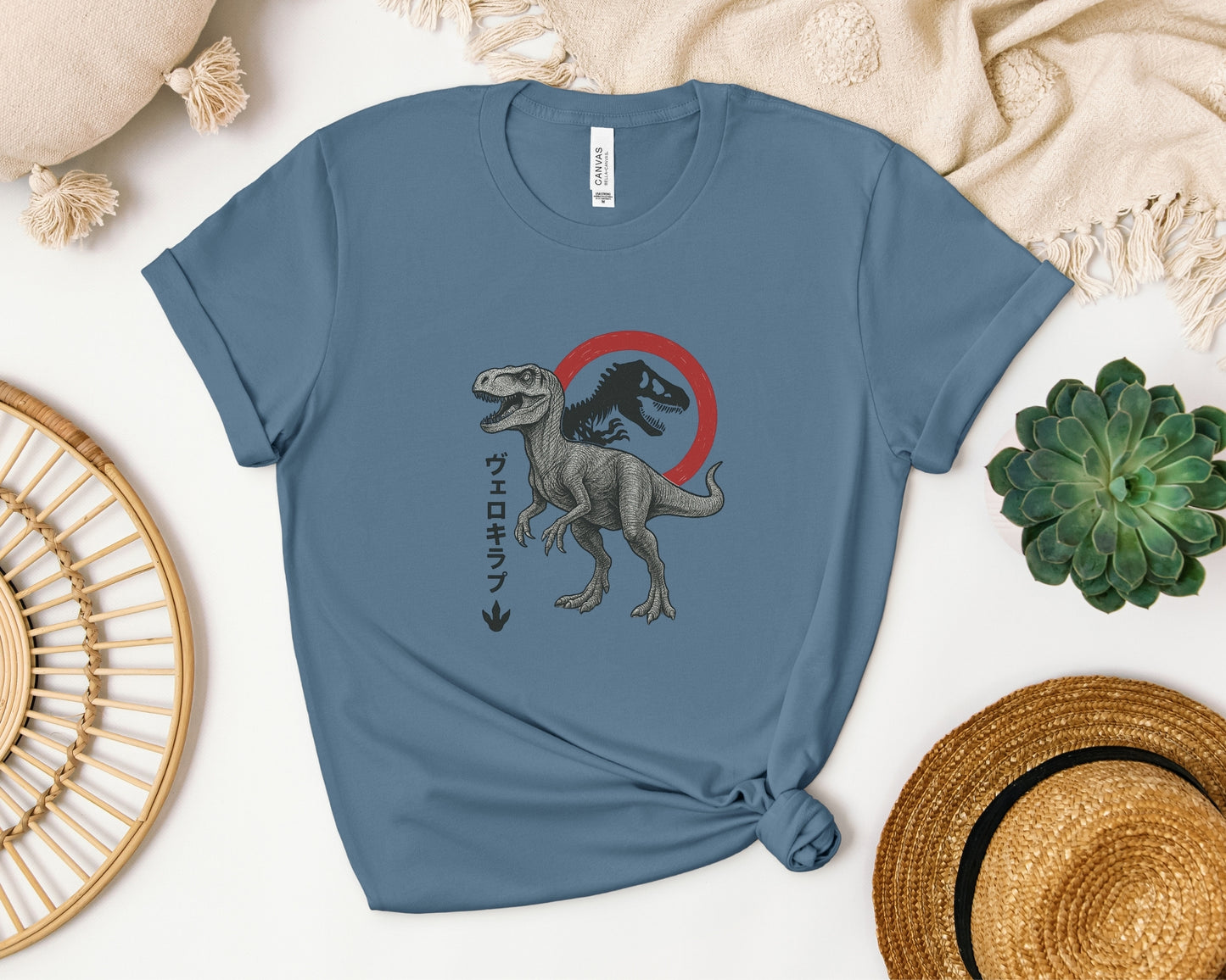 Velociraptor Japanese Style Logo T-Shirt | Universal-Inspired Dinosaur Fan Tee