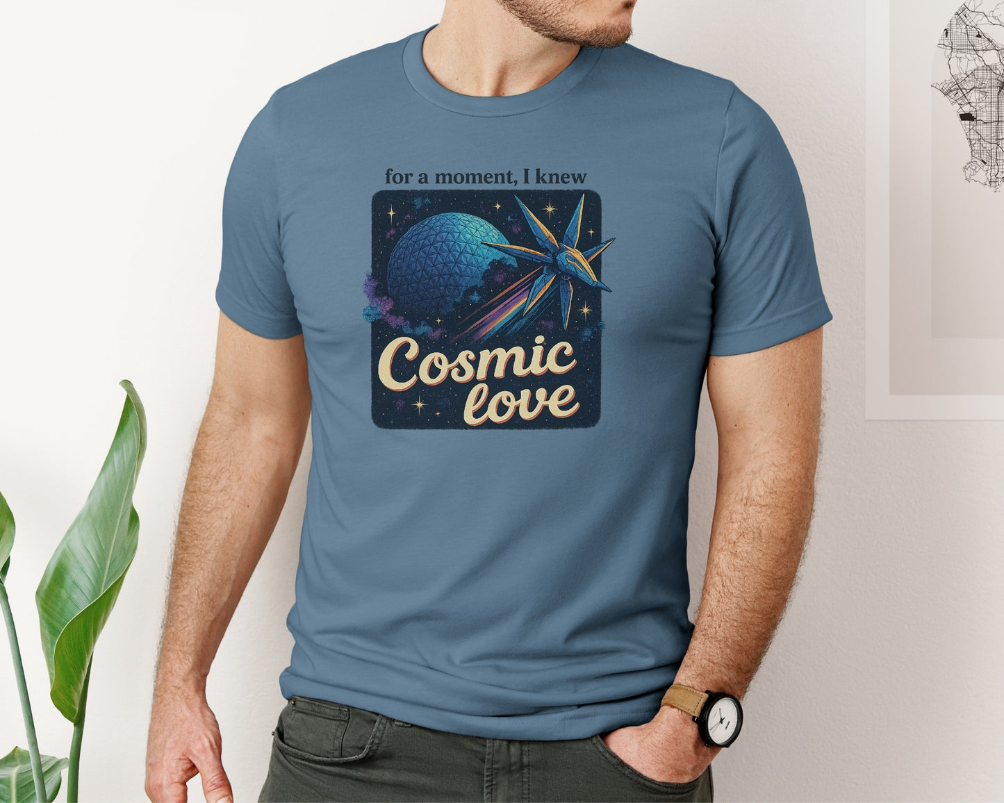 Male model wearing bella and canvas 3001 t-shirt in Steel Blue with Taylor Swift x Guardians Of The Galaxy, 'For a moment I knew cosmic love' print on chest Inspired by Disney World