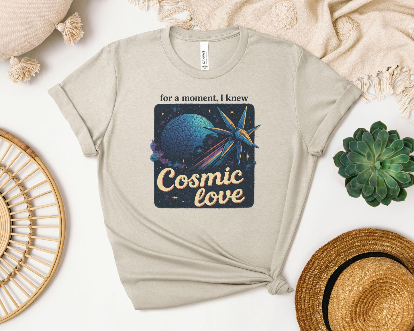 bella and canvas 3001 t-shirt in heather dust with Taylor Swift x Guardians Of The Galaxy, 'For a moment I knew cosmic love' print on chest Inspired by Disney World