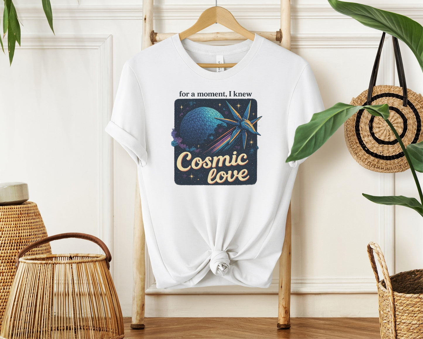 Hanging bella and canvas 3001 t-shirt in white with Taylor Swift x Guardians Of The Galaxy, 'For a moment I knew cosmic love' print on chest Inspired by Disney World