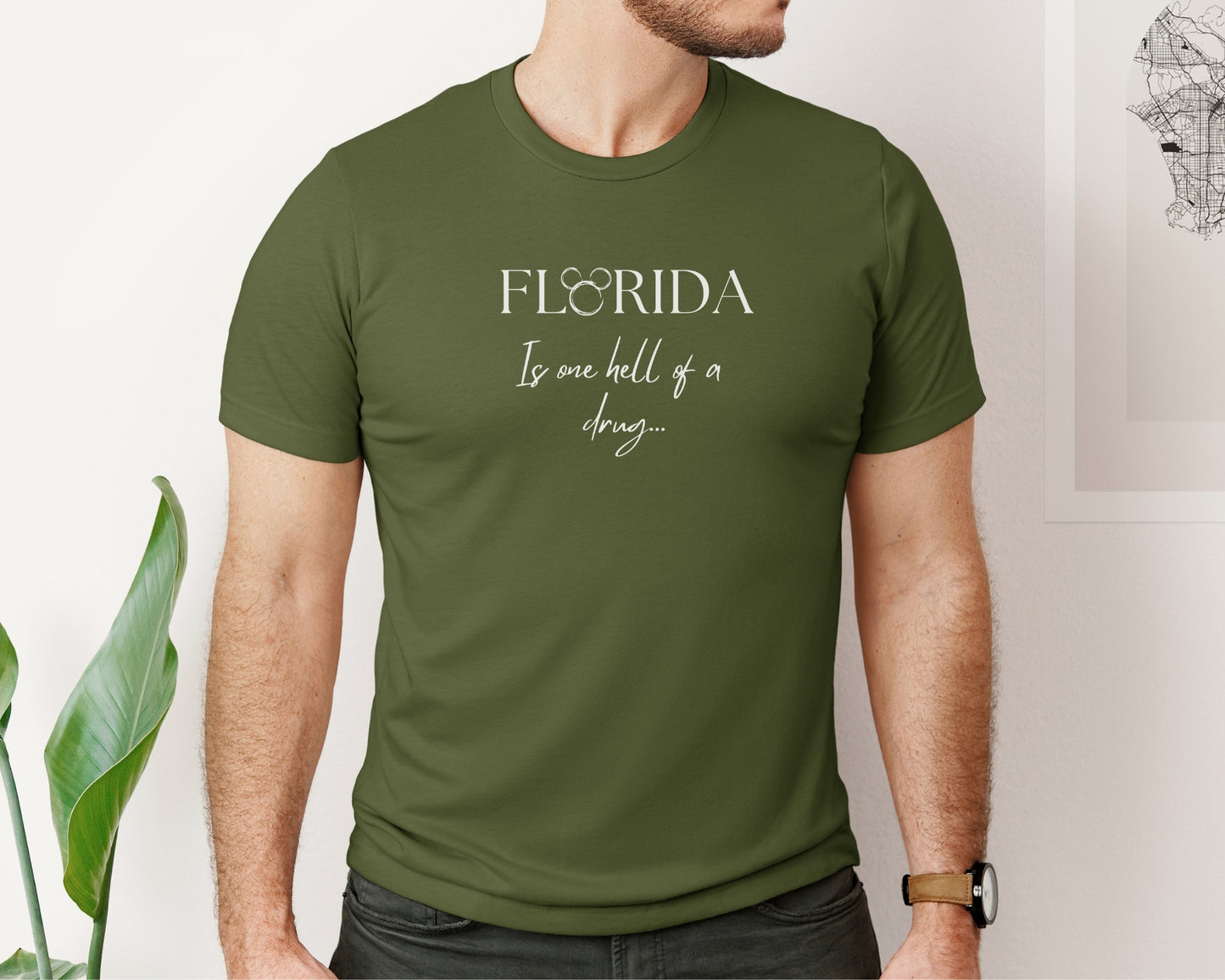 Male model wearing bella and canvas 3001 t-shirt in olive with 'florida is one hell of a drug' disney x Taylor Swift inspired print on chest
