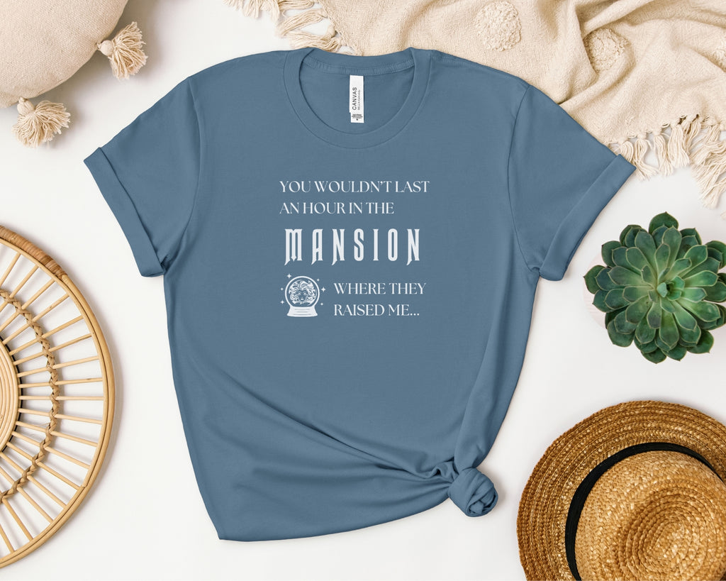 bella and canvas 3001 t-shirt in steel blue laid flat with 'you wouldn't last an hour in the mansion where they raised me' on chest, TTPD taylor swift x haunted mansion inspired design 