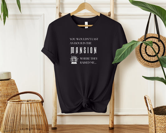 hanging bella and canvas 3001 t-shirt in black with 'you wouldn't last an hour in the mansion where they raised me' on chest, TTPD taylor swift x haunted mansion inspired design 