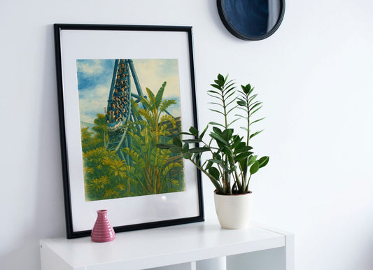 VelociCoaster Watercolour Print – Jurassic World-Inspired Wall Art from Original Photography