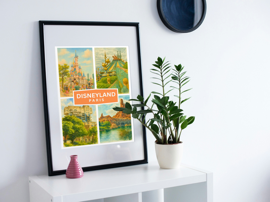 Disneyland Paris Watercolour Collage Print – Theme Park Inspired Wall Art for Disney Fans
