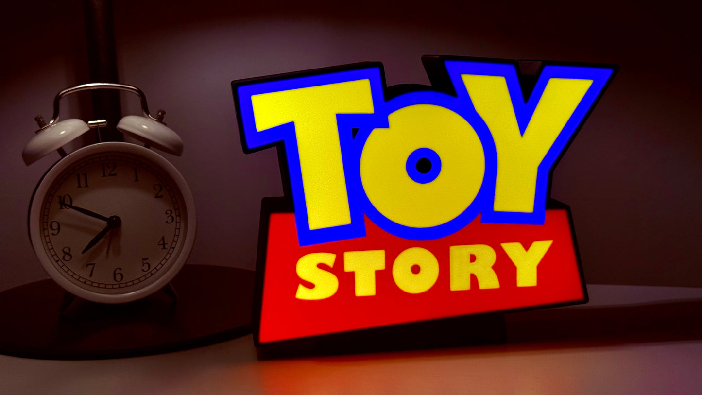 Toy Story logo with a vintage alarm clock on a dark background