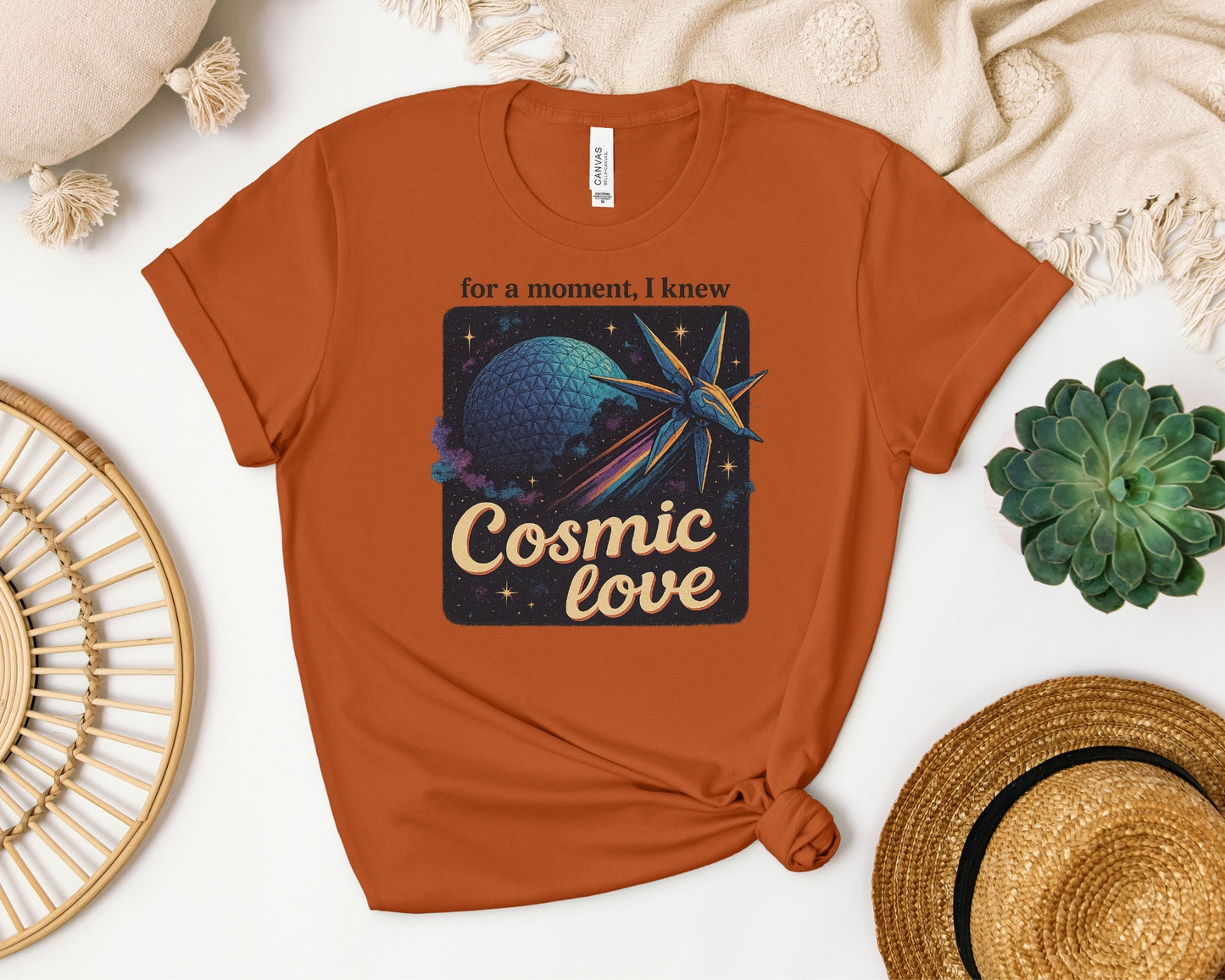 bella and canvas 3001 t-shirt in autumn with Taylor Swift x Guardians Of The Galaxy, 'For a moment I knew cosmic love' print on chest Inspired by Disney World
