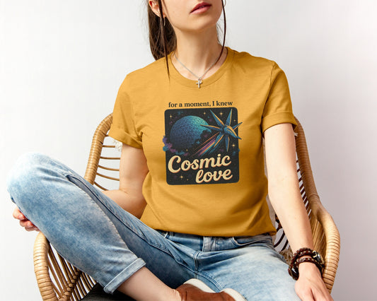 Female model wearing bella and canvas 3001 t-shirt in Mustard with Taylor Swift x Guardians Of The Galaxy, 'For a moment I knew cosmic love' print on chest Inspired by Disney World