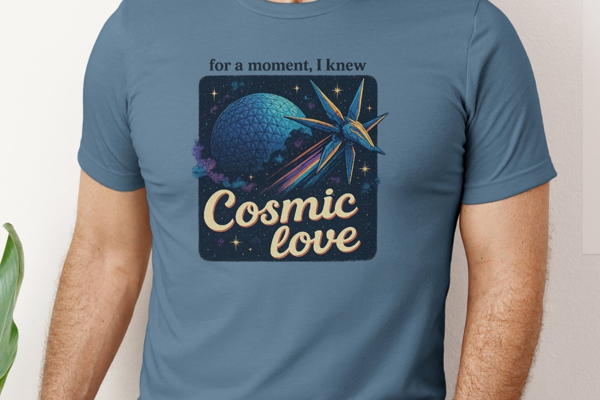 Male model wearing bella and canvas 3001 t-shirt in Steel Blue with Pop x Guardians Of The Galaxy, 'For a moment I knew cosmic love' print on chest Inspired by Disney World