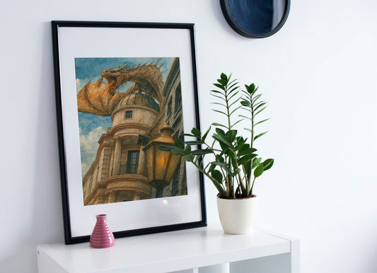 Gringotts Dragon Watercolour Print – Diagon Alley Inspired Wall Art for Wizarding World Fans