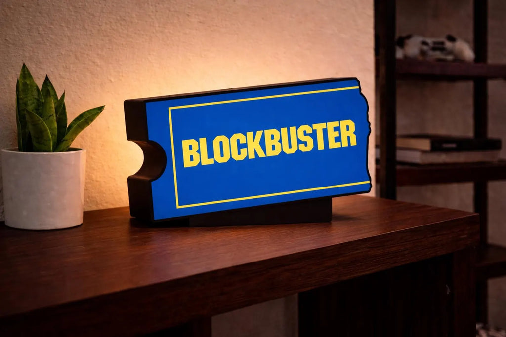 Blockbuster inspired LED light box glowing with retro video store style design
