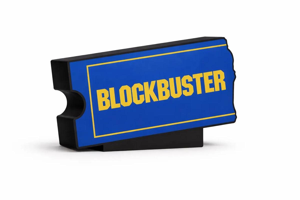 Blockbuster inspired LED light box glowing with retro video store style design
