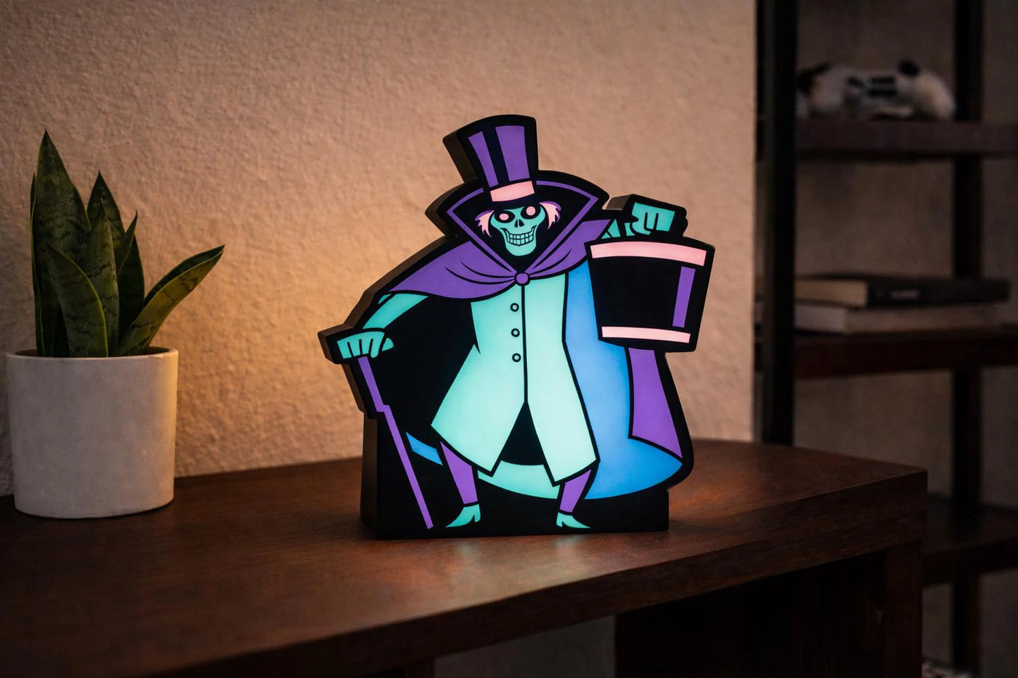 Hatbox Ghost inspired LED light box glowing with spooky Haunted Mansion style design
